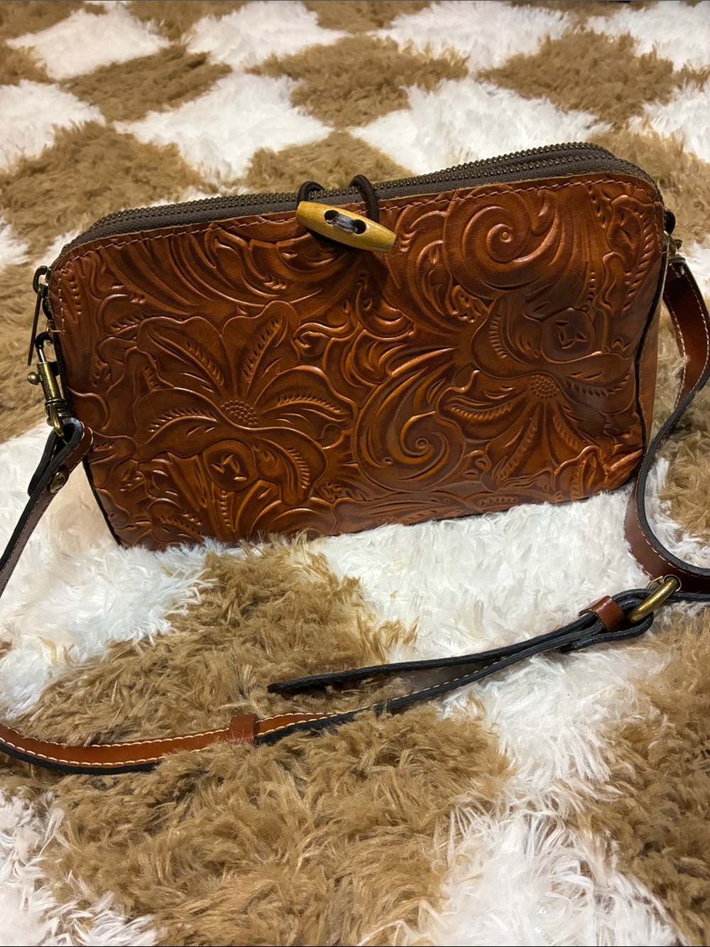 Patricia Nash Hand-Tooled Floral Leather Crossbody - Cognac Brown